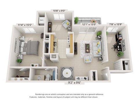 Floor plan for 1 bed, 1 bath, 914 sqft